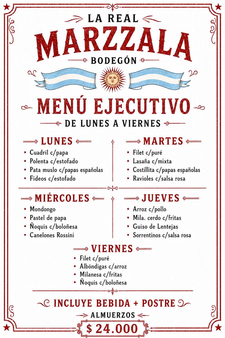 Menú ejecutivo de La Real Marzzala, de lunes a viernes, incluye bebida y postre